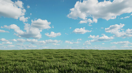 Obraz premium Wide Shot Lush Green Field Under Sunny Sky with Fluffy Clouds