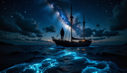 Lonely sailor navigating the sea under the Milky Way, gaining knowledge and freedom