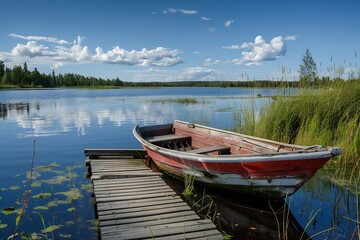 Obraz premium Red Boat Docked On Wooden Pier Reflecting On Calm Lake Under Blue Sky