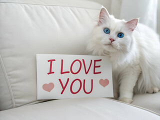 Cat Holding 'i Love You' Sign on White Sofa Cute Pet Message