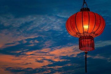 Fototapeta premium Red Lantern Glowing Against Dramatic Evening Sky With Sunset Colors And Cloud Formation