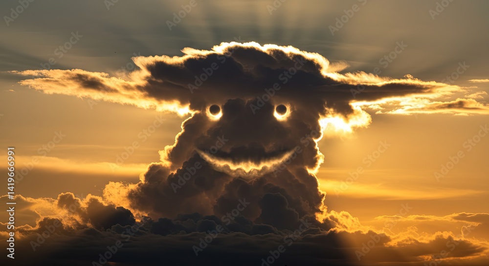 Poster a cloud with a face on it, smiling and looking at the camera