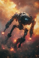 Robot or mechanical creature floats in a colorful space or nebula background.