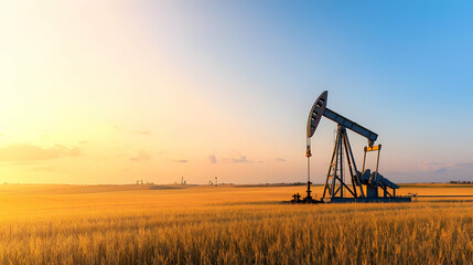 Naklejka premium Oil Pumpjack In Golden Wheat Field At Sunset