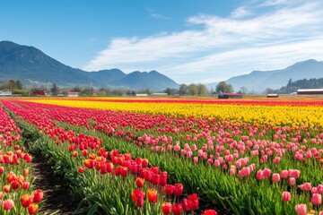 Obraz premium A vibrant field of tulips in various colors stretches towards the mountains under a clear blue sky.
