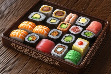Assorted sushi platter on wooden surface