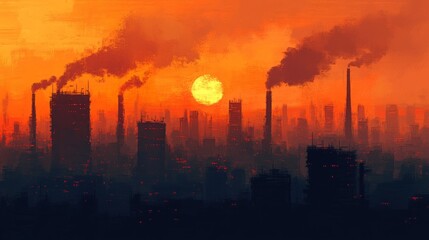 Obraz premium Orange Sunset Over Industrial City Silhouette