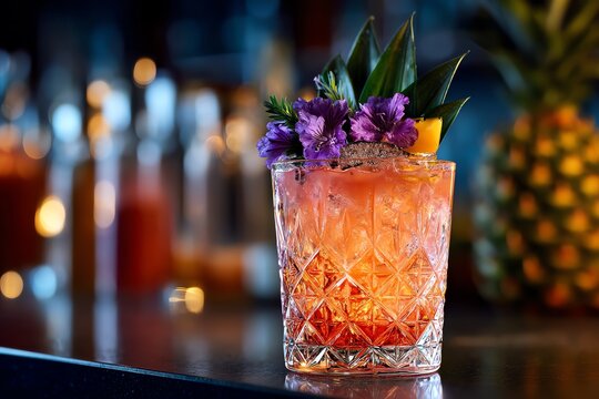 Beautifully crafted cocktail garnished with flowers.