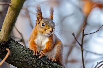 Fototapeta premium Red Squirrel Perched On A Tree Branch In Natural Environment With Focus
