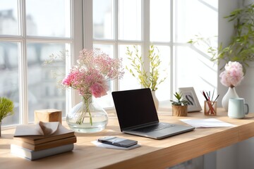 Fototapeta premium Bright and cozy workspace with flowers and laptop.