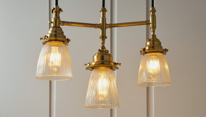 Obraz premium Modern interior design architecture photography: Three brass and glass pendant lights hang from a ceiling against a white wall, creating a warm and inviting atmosphere.