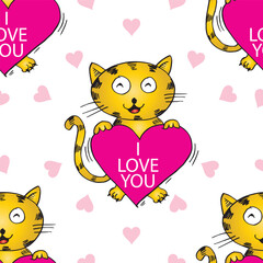 Seamless pattern with cute cartoon cats and hearts. Vector illustration.