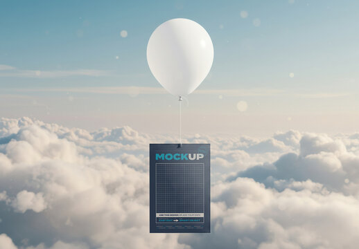Page Poster Mockup being Carried by a Balloon in the Cloudy Sky