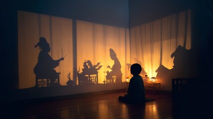 Child captivated by shadow puppetry performance.