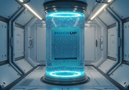 Page Poster Mockup Floating in Blue Fluid Capsule