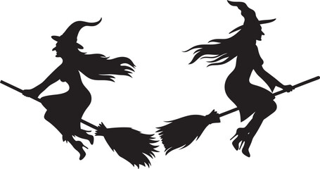 Flying Witch on Broom Silhouette, Halloween EPS Vector Art,llustration on white background