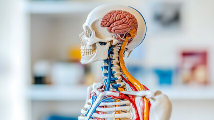 Anatomical model displaying human brain and nervous system laboratory educational content indoor environment side view