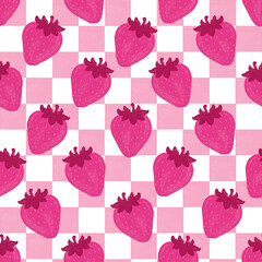 watercolor hand drawn seamless strawberries patterns on a checkerboard background