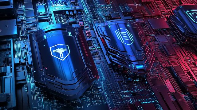 Futuristic digital shields representing cybersecurity on a vibrant circuit board background