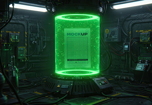 Page Poster Mockup Floating in Green Fluid Capsule