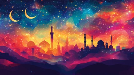 Fototapeta premium Vibrant Night Cityscape with Crescent Moon and Stars