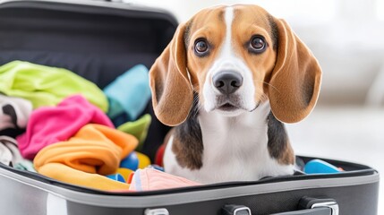 Fototapeta na wymiar A playful scene featuring a cute beagle puppy sitting inside an open suitcase filled with brightly colored clothes. The image captures the spirit of travel and adventure.