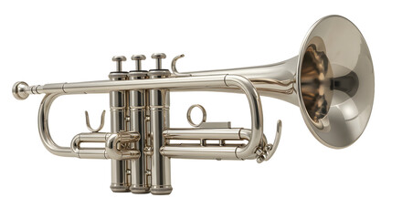 Naklejka premium A polished silver trumpet positioned elegantly, showcasing its intricate valves and bell, with a soft focus background hinting at a lively music scene