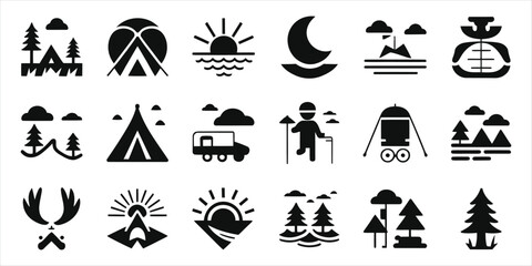 Simple Black and White Camping and Outdoor Icons/A collection of minimalist, black and white icons depicting various camping and outdoor activities.
