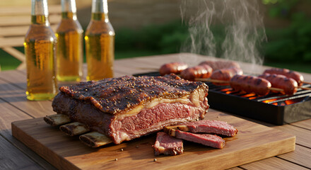 "Brazilian Barbecue with Juicy Beef Ribs, Grilled Sausages and Cold Beer &ndash; Authentic Outdoor BBQ Scene"