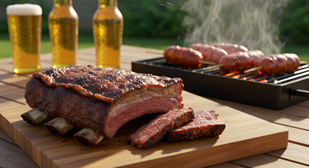 "Brazilian Barbecue with Juicy Beef Ribs, Grilled Sausages and Cold Beer &ndash; Authentic Outdoor BBQ Scene"