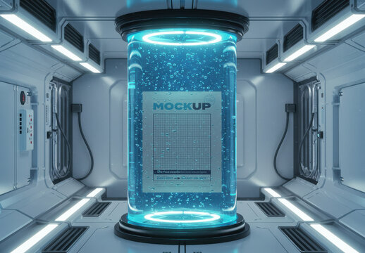 Page Poster Mockup inside Lab Capsule Blue Liquid
