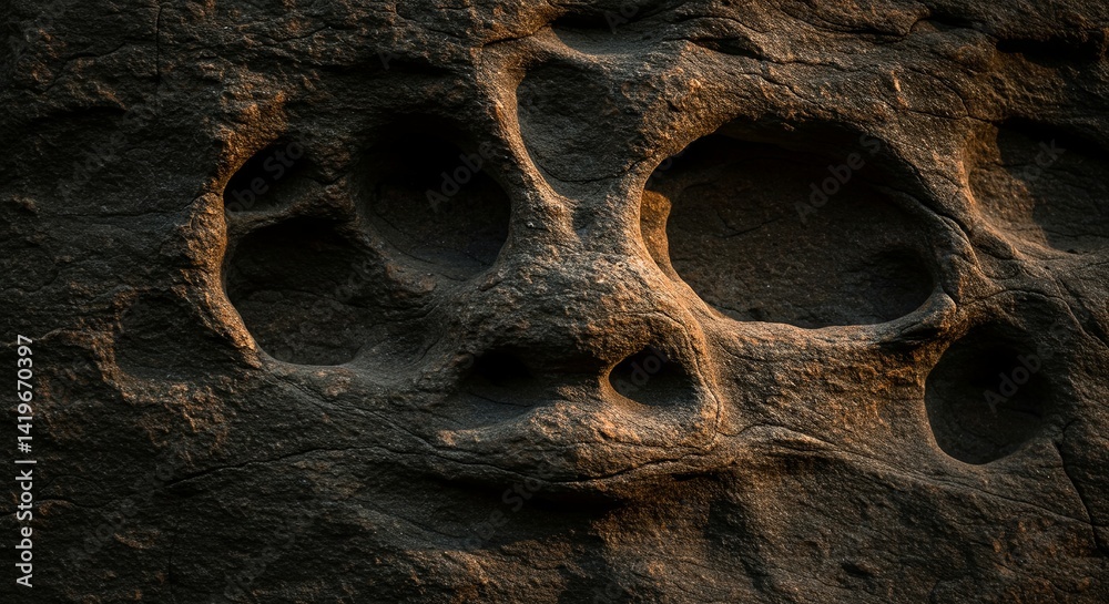Poster a rock with a face carved into it