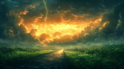 Obraz premium Golden Sky Night Landscape with Path Through Flower Field