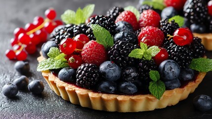 Colorful berry tart with fresh mint garnish.