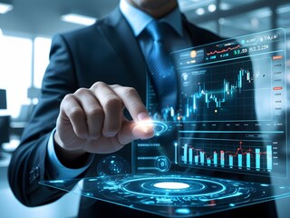 A businessman in a dark suit interacts with a transparent digital touchscreen displaying stock charts and analytics, in a high-tech office environment.