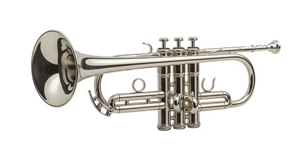 Obraz premium A shiny silver trumpet resting on a surface, highlighting its intricate design and reflecting light, ideal for music-themed projects