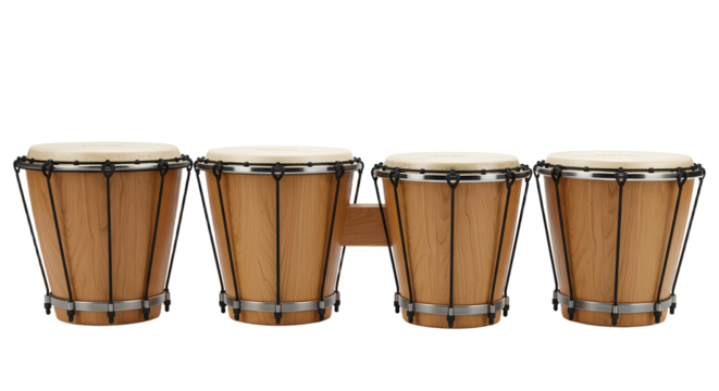 A set of four wooden bongos arranged in a row, showcasing their craftsmanship against a simple background, ideal for music-related content