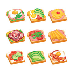 Open sandwich different types icon set vector. Set of sandwiches with meat and vegetables vector illustration. Sandwiches with ham, cheese, salami, avocado, tomato and egg icons on a white background