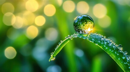 Dewdrop on a blade of grass, bathed in morning sunlight