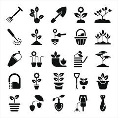 Set of Black and White Gardening Icons..