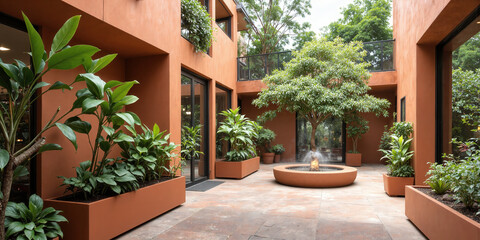 Naklejka premium Smart garden in earthy terracotta, with self-watering planters and smart irrigation systems that adjust based on plant needs. The space