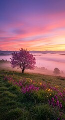 Breathtaking Spring Landscape Sunrise Warm Glow Fog Pink Flowering Tree Lush Green Grass Colorful Flowers Vibrant Sky Pink Purple Orange Horizon Beauty Renewal Nature Scene Serene Ambience
