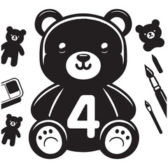 Cute Cartoon Teddy Bear with Number 4 and Magic Wand for Kids Birthday or Preschool Design	
