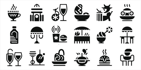 Diverse Collection of Food and Beverage Icons for Outdoor and Indoor Settings..