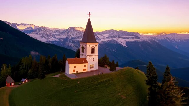 Aerial View of Beautiful Landscape with Church near Jamnik, Slovenia at Sunset in the Julian Alps