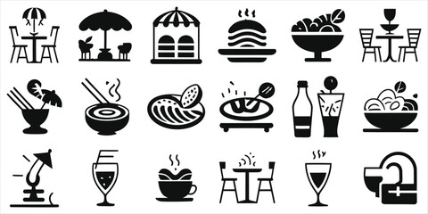 Black and White Restaurant and Cafe Icons Set/This set of black and white icons depicts various elements of a restaurant and cafe environment.