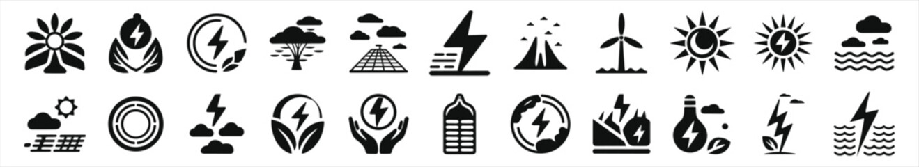 Collection of Black and White Eco-Friendly Energy Icons..