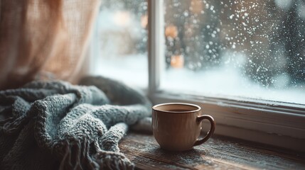 Cozy cup by the snowy window scene.