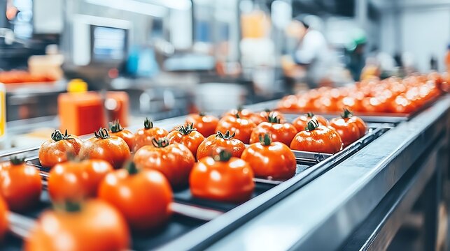 Fresh, ripe tomatoes arranged on trays in a bustling kitchen, showcasing food preparation and culinary activity