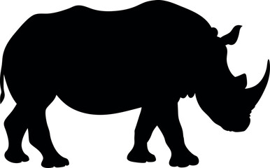 Powerful Black Silhouette of Rhinoceros Standing Isolated on a Clean White Backdrop